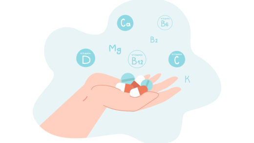 Mão segurando a ilustração vetorial plana de vitaminas